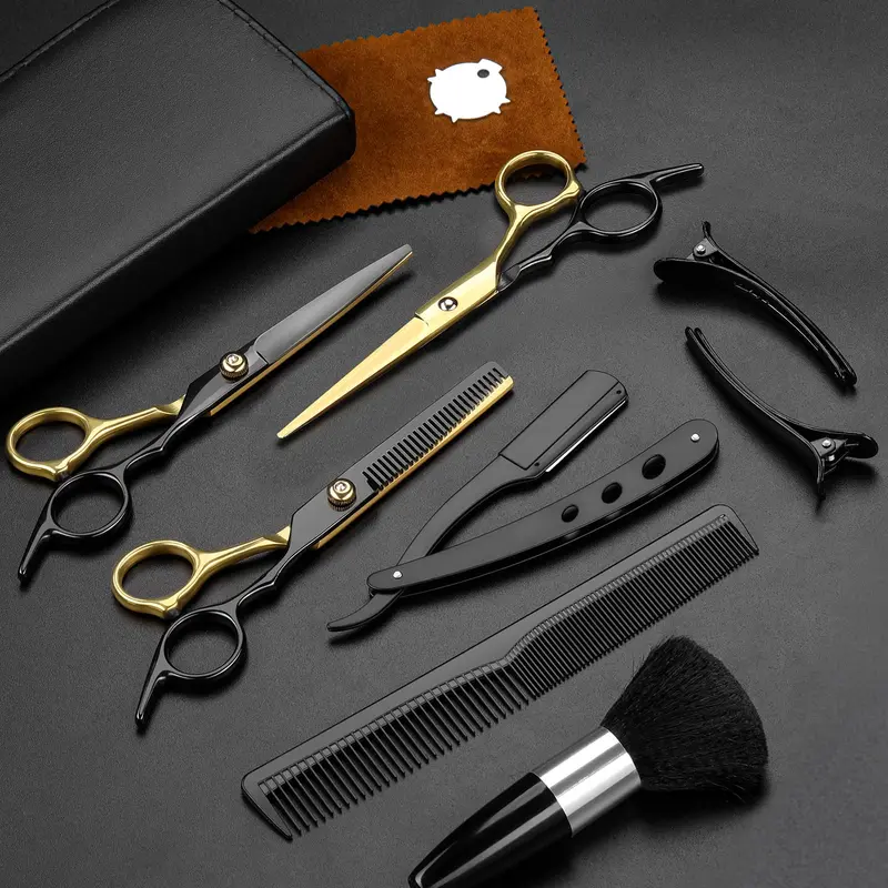 Ciseaux de coiffure Fetinar — 11 pièces professionnels noir doré en acier inoxydable