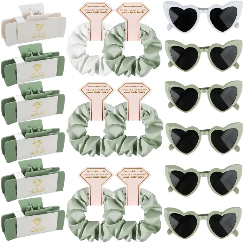 Ciulaiy Pinces Cheveux Carrées 4,1 po – Demoiselles d’Honneur, Lunettes Coeur et Scrunchies – Coffrets Cadeaux Mariage (18 pièces blanc et sauge)