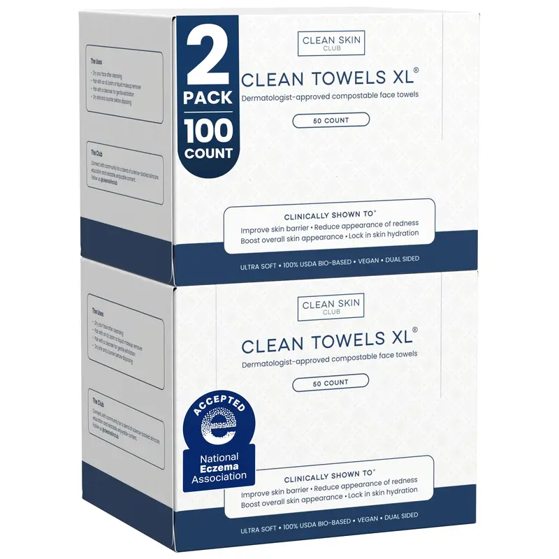 Clean Skin Club Clean Towels XL – Serviettes visage jetables 100% biosourcées USDA, 100 pièces au total (2 packs)