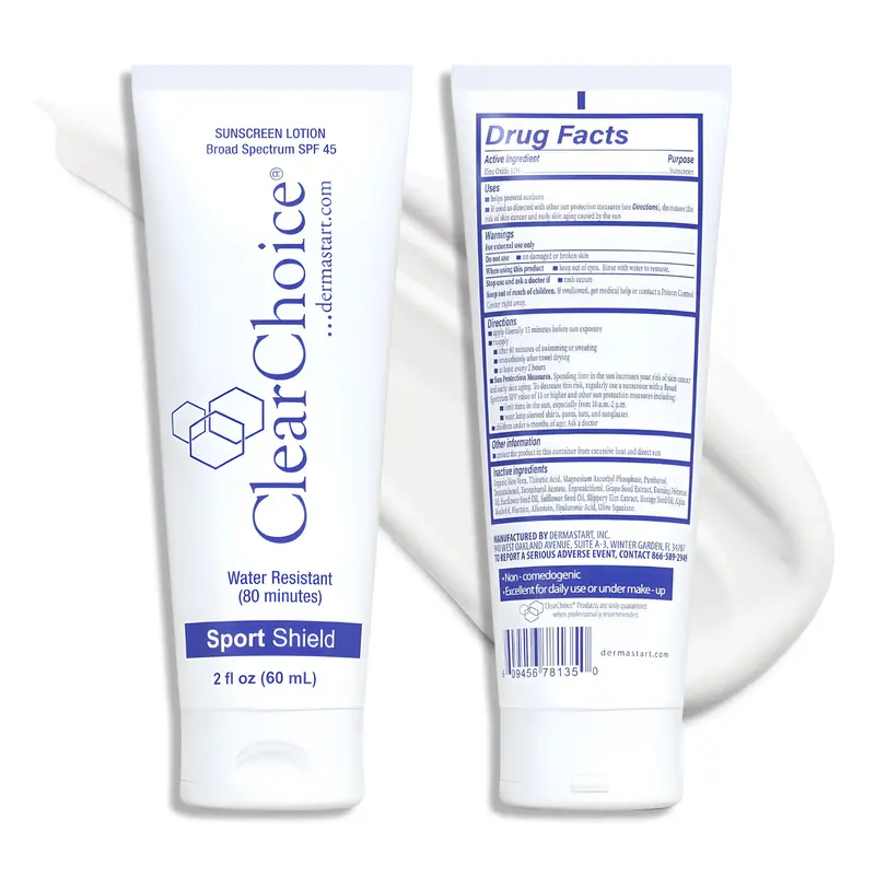 ClearChoice Sport Shield SPF 45 – Écran Solaire Minéral et Hydratant Non Gras | FPS 45 Large Spectre Visage et Corps | Zinc Micronisé | Sans Voile Blanc | Approuvé par des Dermatologues – 60 ml