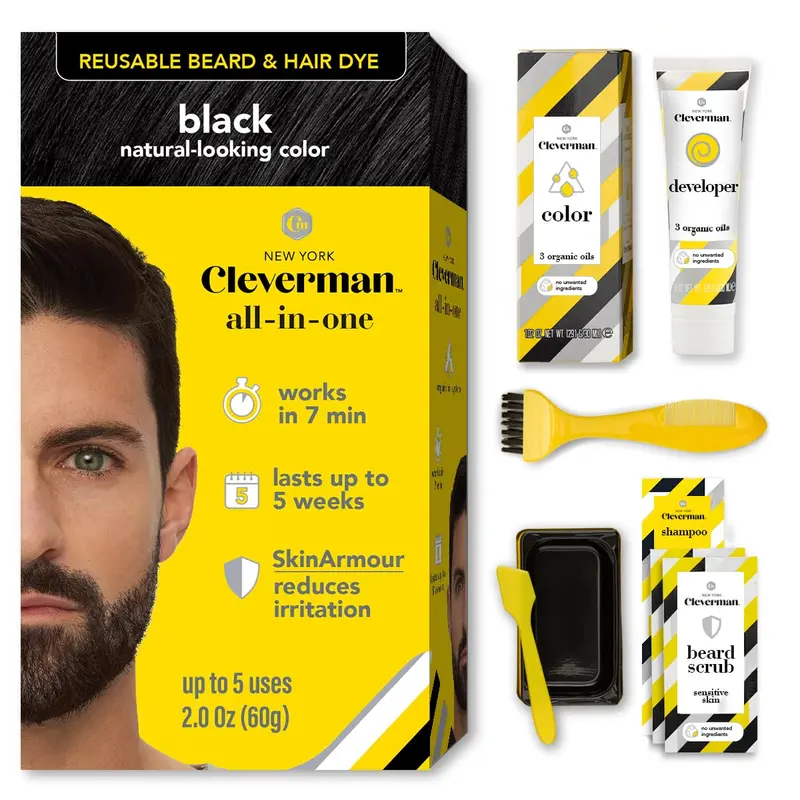 CLEVERMAN Coloration Cheveux et Barbe Noir – Kit Tout-en-Un Sans Ammoniaque