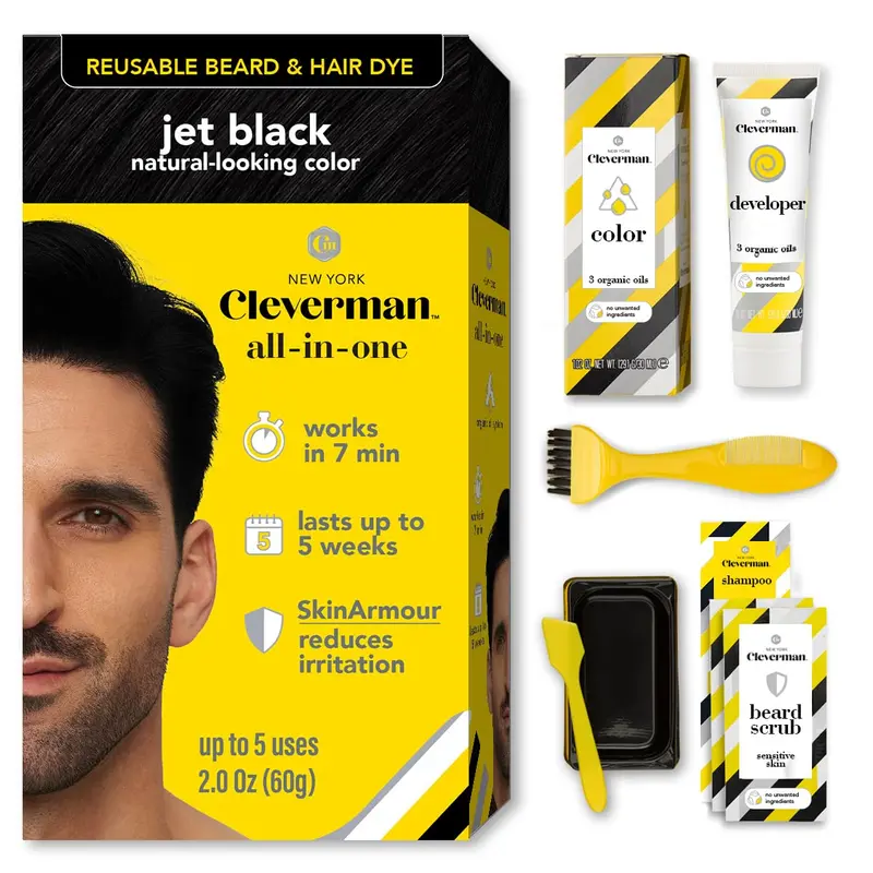 CLEVERMAN Coloration Cheveux et Barbe Noire Ébène – Kit Tout-en-Un Réutilisable, Permanent, Sans ammoniaque