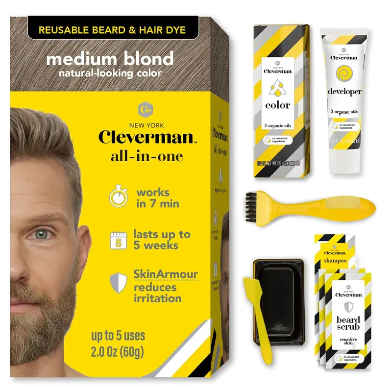 Cleverman Medium Blond — Kit tout-en-un réutilisable pour gris sur cheveux et barbe (sans ammoniaque)