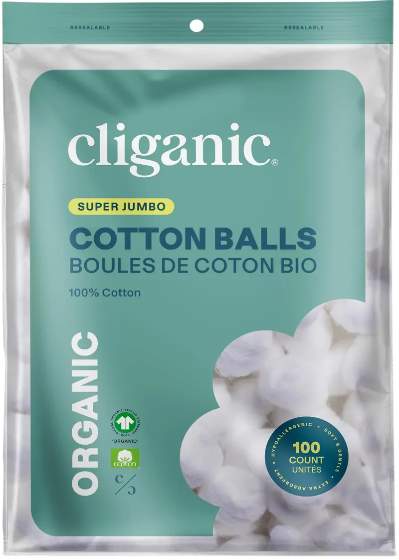 Cliganic Boules de coton biologiques Super Jumbo (100 unités) – Hypoallergéniques, absorbantes, 100% pur