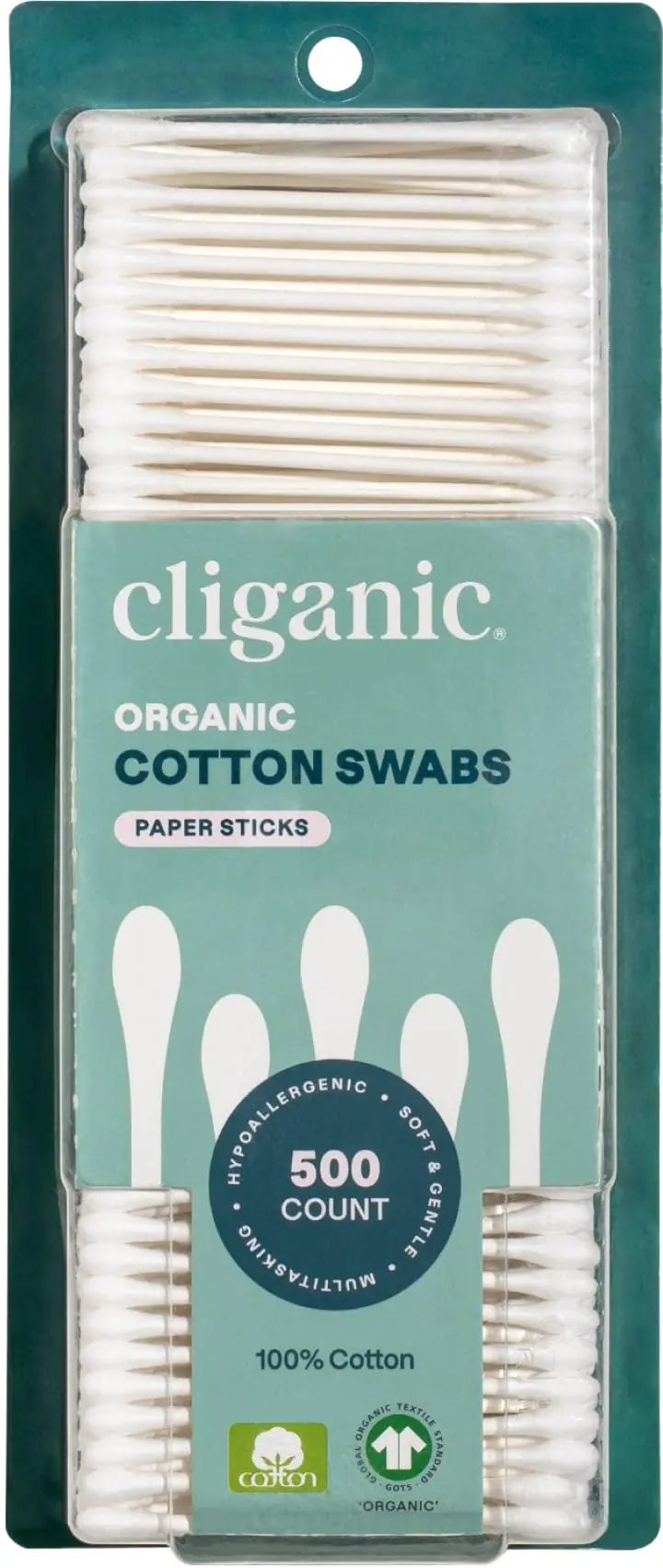 Cliganic Coton-tiges Organiques – 500 unités, coton naturel 100% pur, sans chlore, hypoallergéniques, doux et absorbants