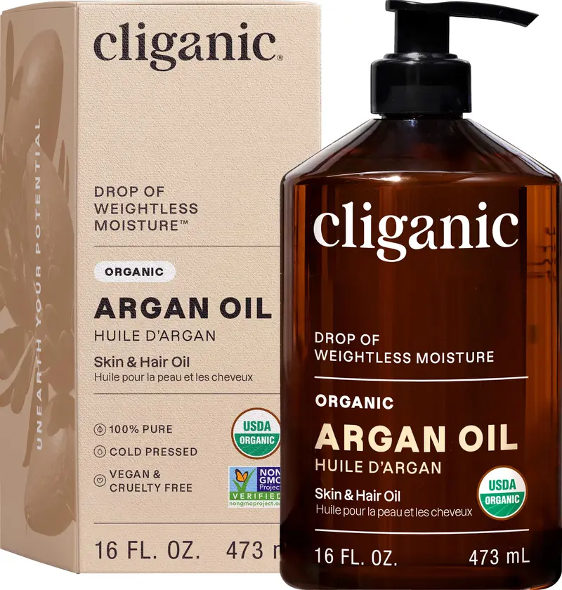 Cliganic Huile d’Argane Biologique 16oz | Pompe – 100% Pure, Sans Additifs | Achat en Gros