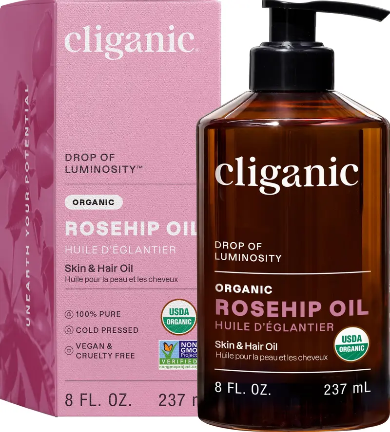 Cliganic Huile de rose musquée biologique 100% pure — Pressée à froid, pour visage, cheveux et ongles