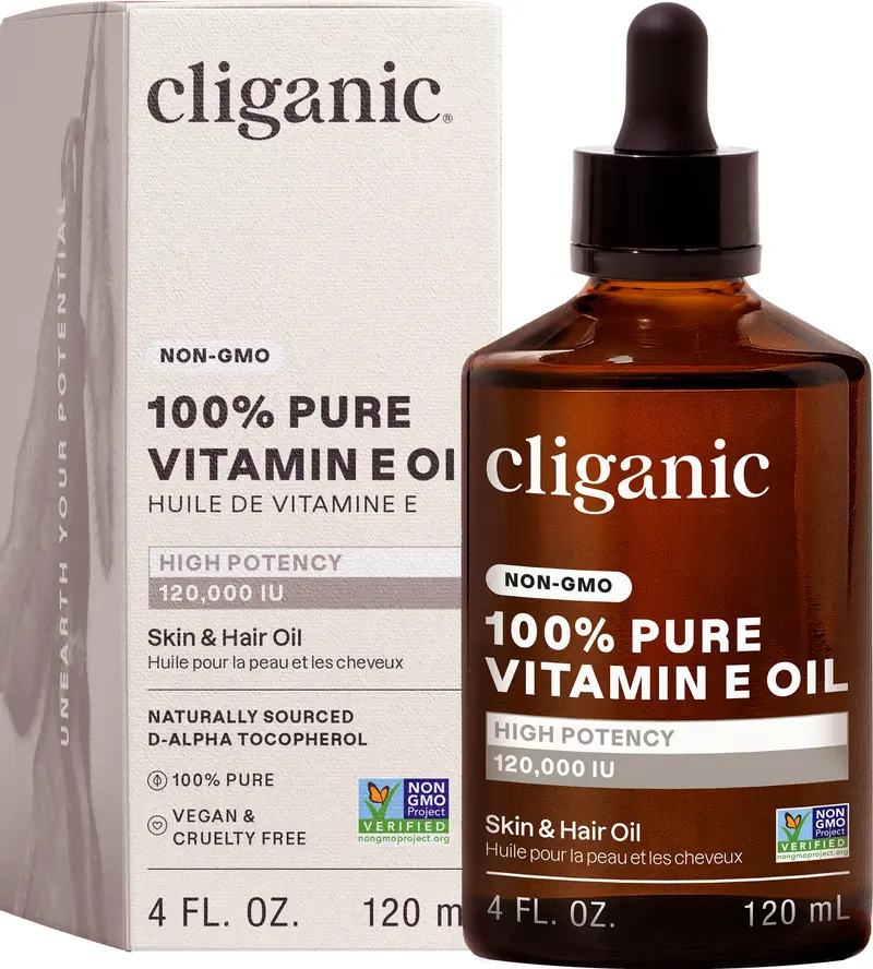 Cliganic Huile Pure de Vitamine E – 120 000 UI, Non-GMO, D-Alpha Tocophérol – Pour peau, cheveux et cicatrices