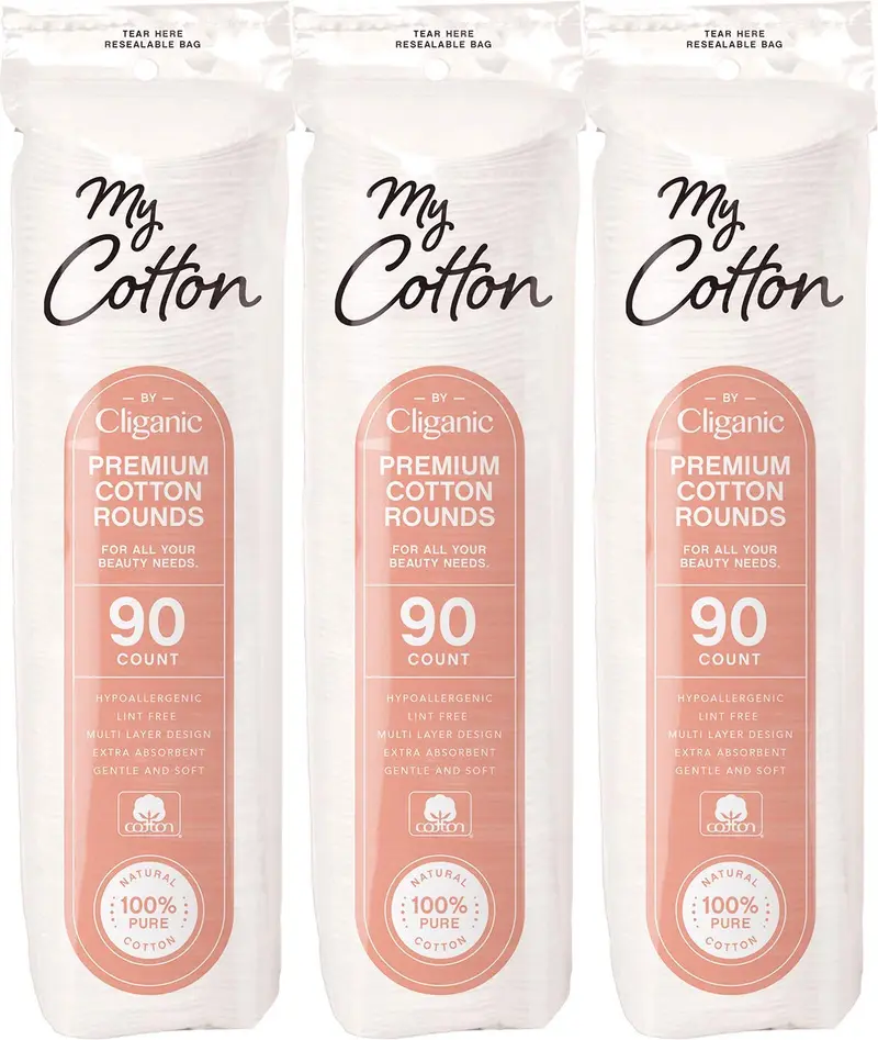 Cliganic – Tampons démaquillants en coton premium pour le visage (3 x 90) | Sans peluches, hypoallergéniques | 100% pur