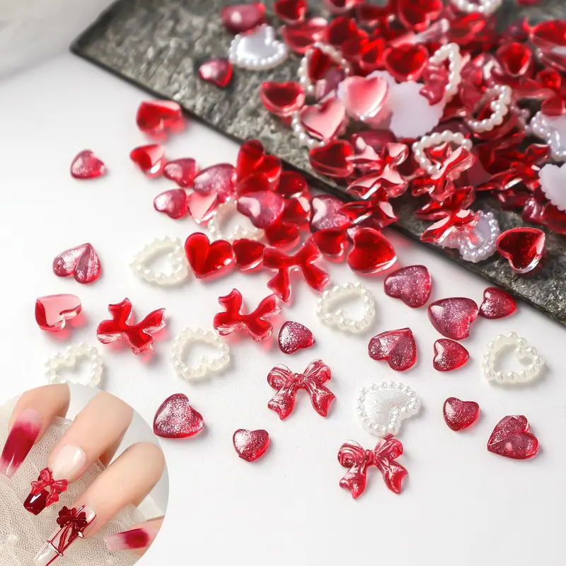 CnSybaris 150 Bijoux ongles Saint-Valentin – Coeurs rouges et noeud pailleté