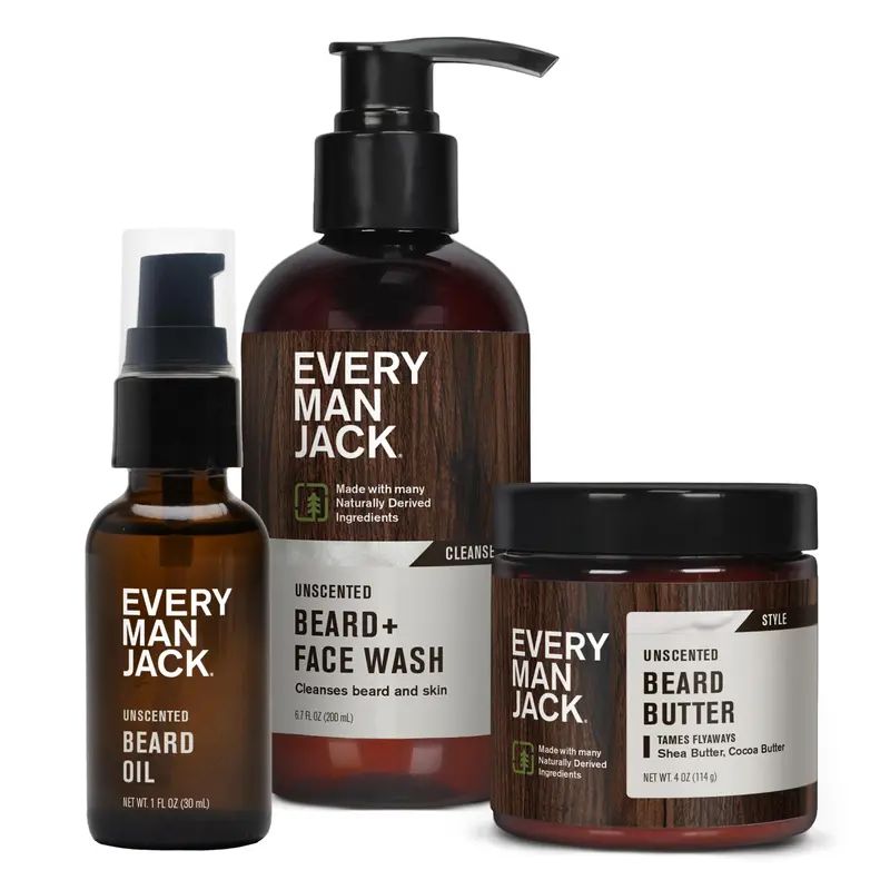 Coffret Barbe Sans Parfum Every Man Jack – Soin Visage et Barbe pour Peau Sensible (Lavage, Beurre et Huile)