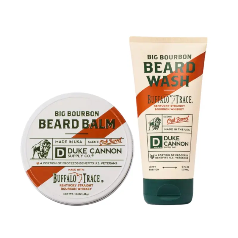 Coffret Soin Barbe Duke Cannon Bourbon – Lavage et Baume, 2 pièces, parfum bois de fût, sans SLS ni parabènes