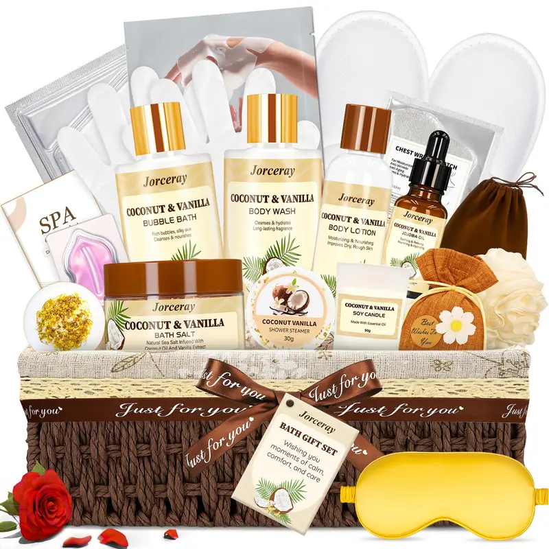 Coffret Spa 22 pièces Jorceray – Saint-Valentin, Coco Vanille, Cadeau Bien-Être pour Femmes