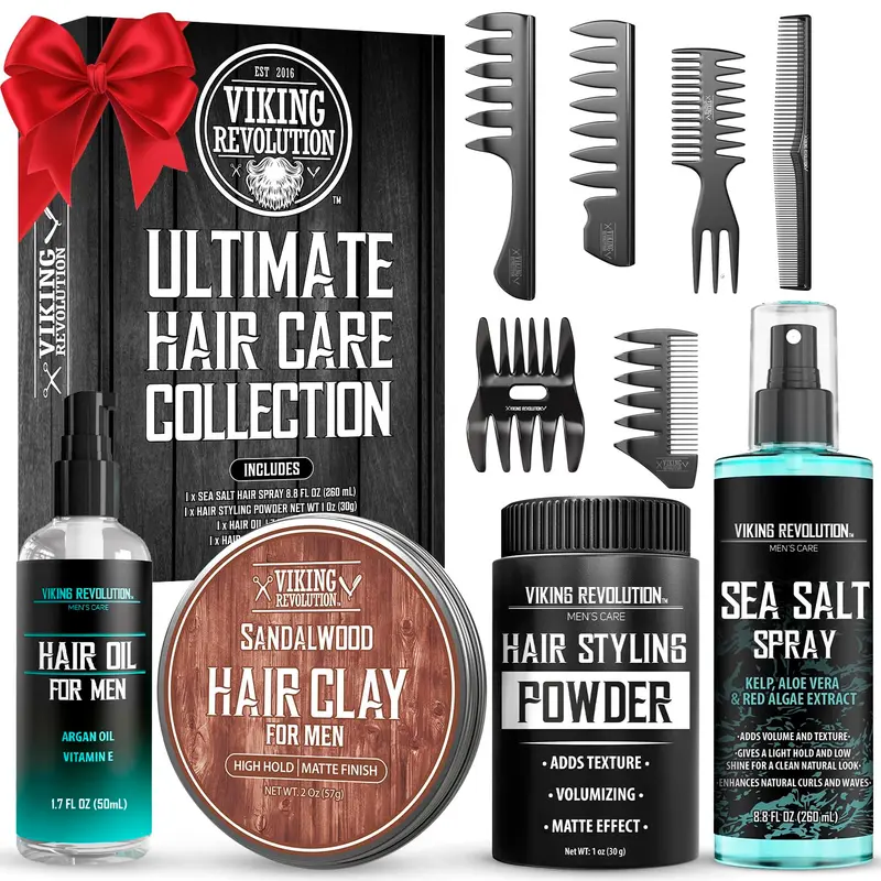 Coffret Viking Revolution – Soin Cheveux Homme avec Spray Sel de Mer, Poudre Texture, Pâte Coiffante, Huile et Peignes