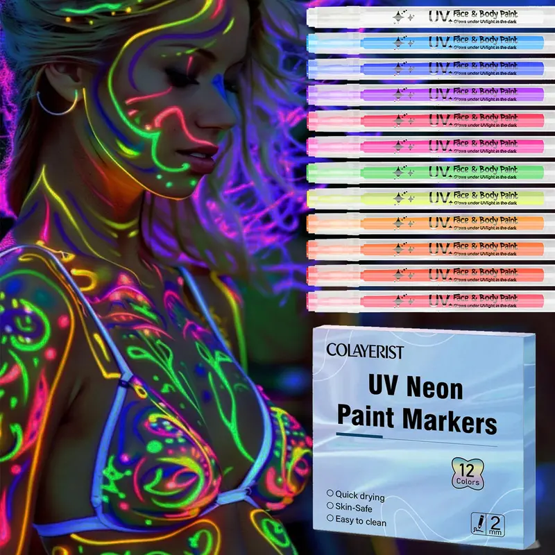 COLAYERIST – 12 marqueurs de peinture pour visage et corps qui brillent dans le noir – néon UV, sûrs pour la peau