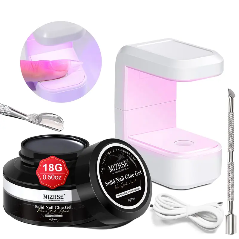Colle Gel Ongles Solide MIZHSE 18 g et Mini Lampe UV 8W – Kit Ongles À Domicile
