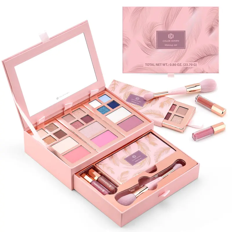 Color Nymph Petite Palette Maquillage — 12 Couleurs Yeux, Blush, Highlighter, Contour | Gloss Lèvres | Coffret Voyage Rose