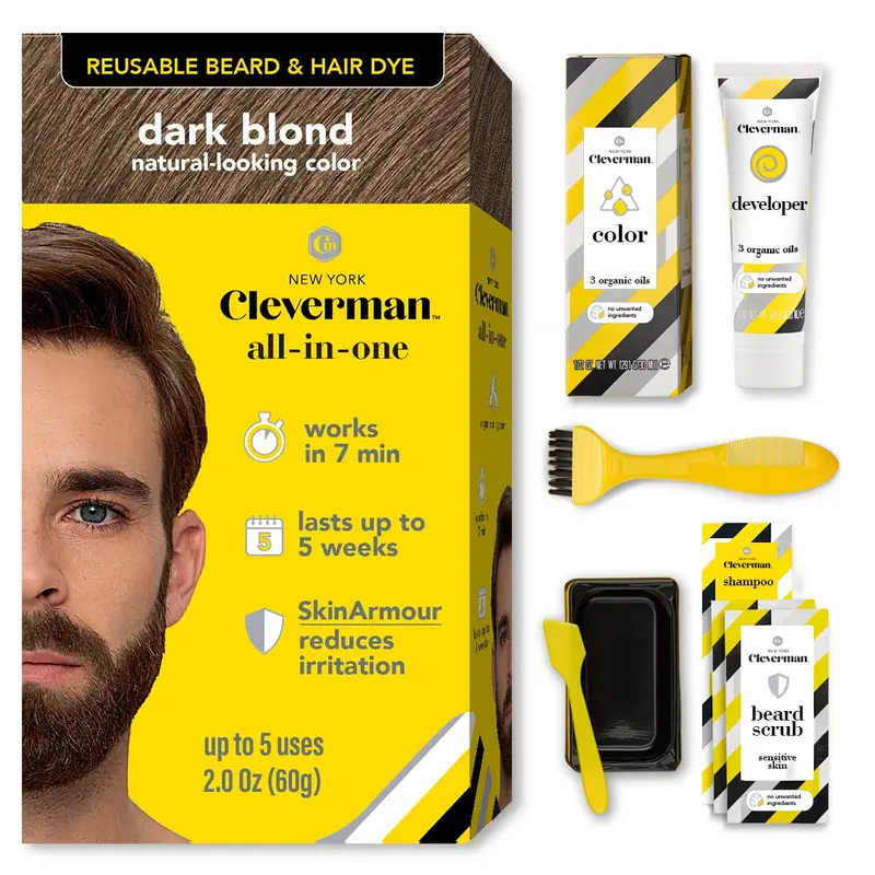 Coloration réutilisable pour cheveux et barbe – Blond Foncé | 7 minutes, jusqu’à 5 utilisations | Couverture naturelle sans goutte SkinArmour® – Cleverman