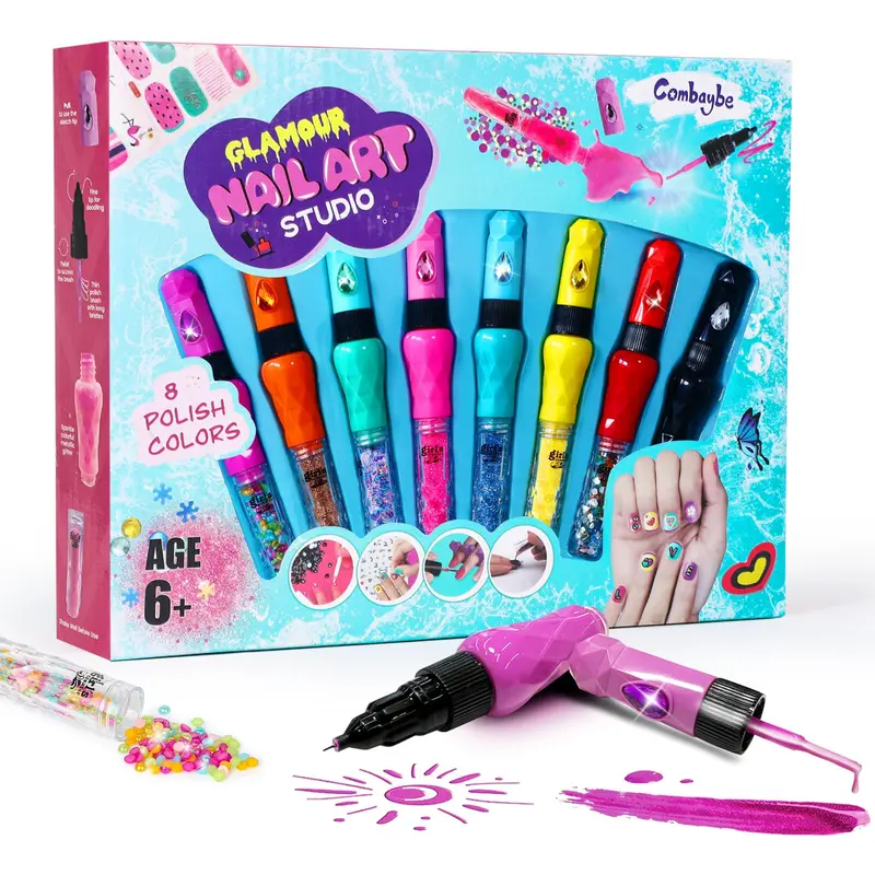 Combaybe Kit d’art des ongles pour enfants – 8 stylos non toxiques et paillettes