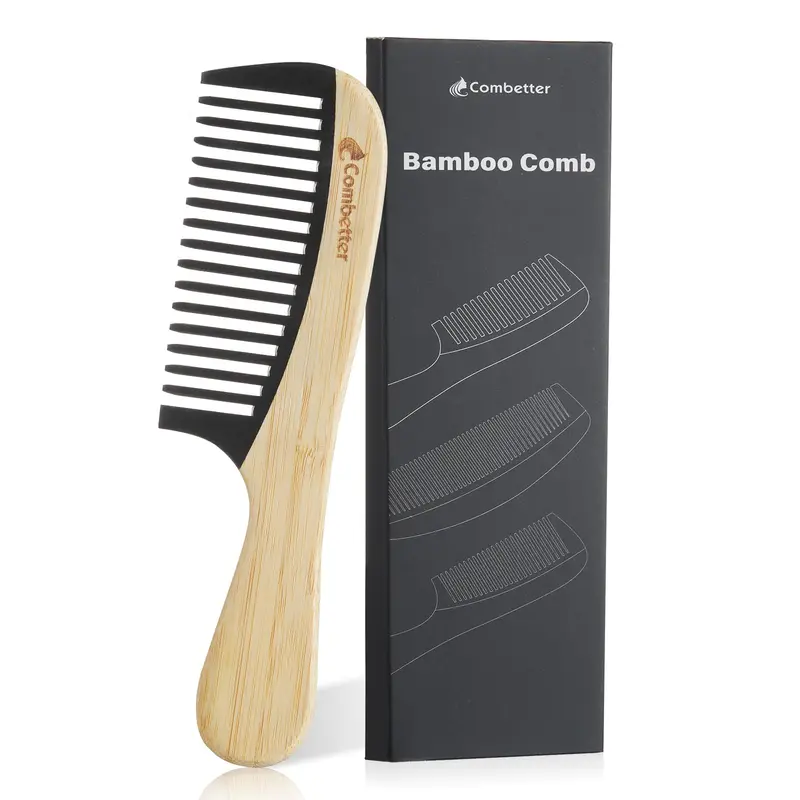 Combetter - Peigne Démêlant en Bambou Anti-Statique à Dents Larges avec Manche | Cheveux et Barbe