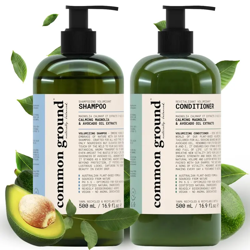 Common Ground – Lot Shampoing et Après-Shampoing Volumisants Naturels, Végan et Cruelty-Free, Sans Parabènes, Senteur Magnolia et Huile d'Avocat