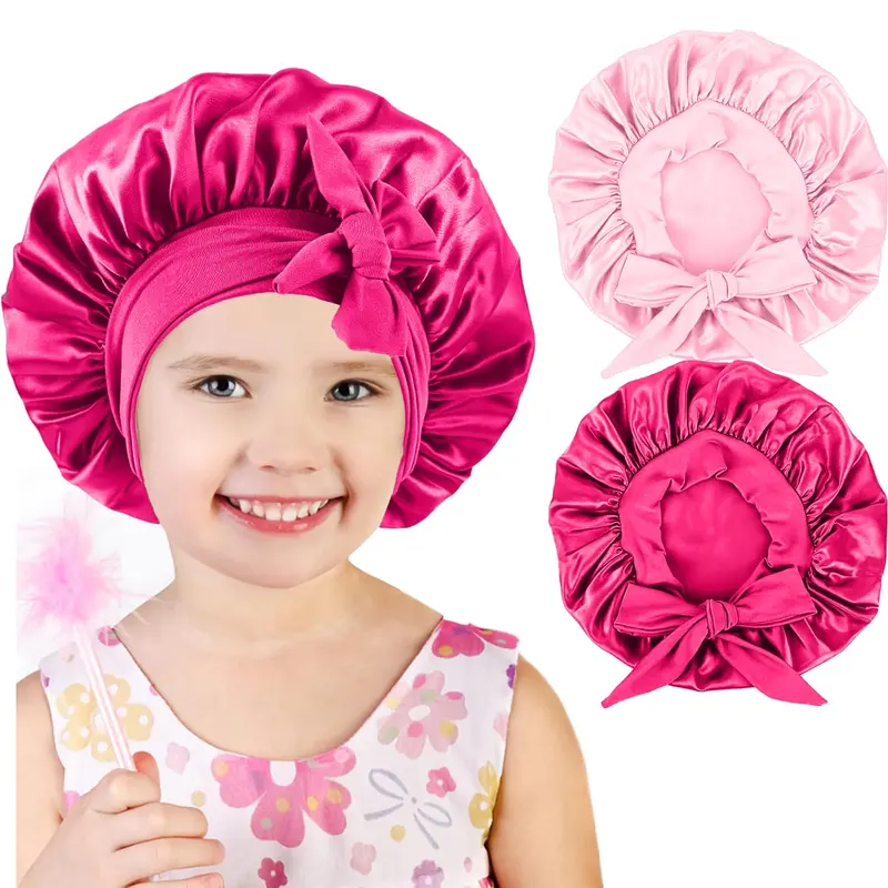 Confvrter – 2 pièces de bonnets en satin pour enfants (filles), bonnet de nuit en satin rose