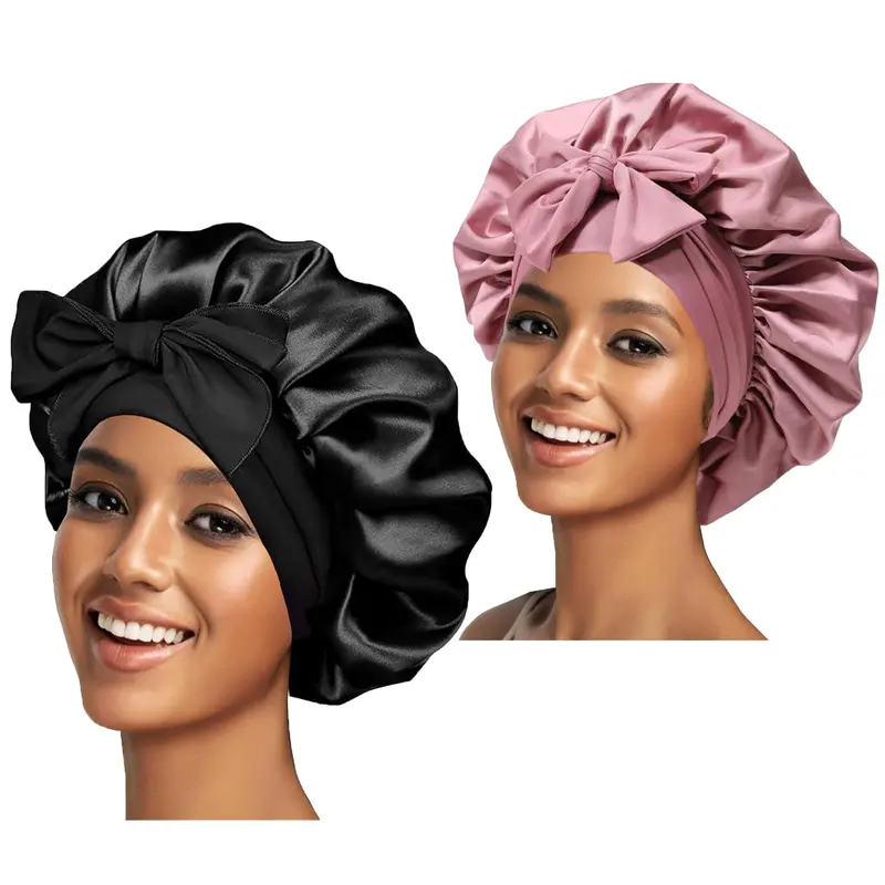 Confvrter – Lot de 2 Bonnets en Soie pour Femmes, Bonnet Satin de Nuit Grand avec Lien Élastique (Rose pâte de haricot + Noir)