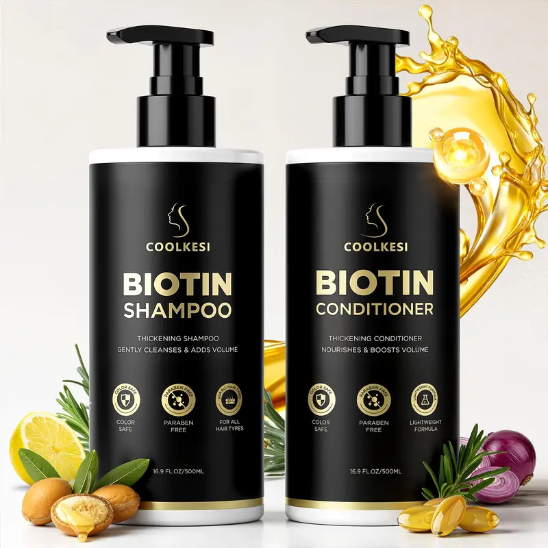 COOLKESI Shampoing Biotine Tripeptide et Après-Shampooing — Anti-chute, Volume et Brillance, 2x500 mL