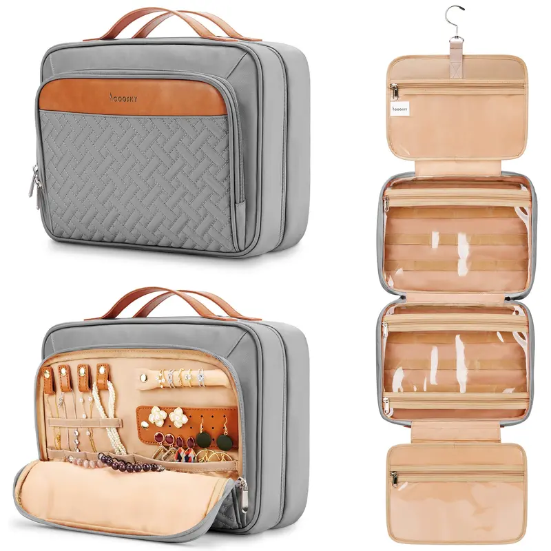 COOSKY Sac de Toilette Suspendu de Voyage pour Femmes – Grand Organisateur, Compartiment Bijoux, Etui Maquillage Étanche, Gris
