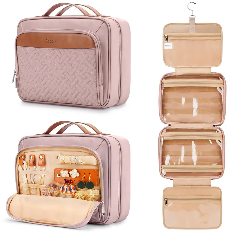 COOSKY Sacoche de toilette suspendue pour voyage – Organiseur bijoux, Étui imperméable moyen, Rose bébé