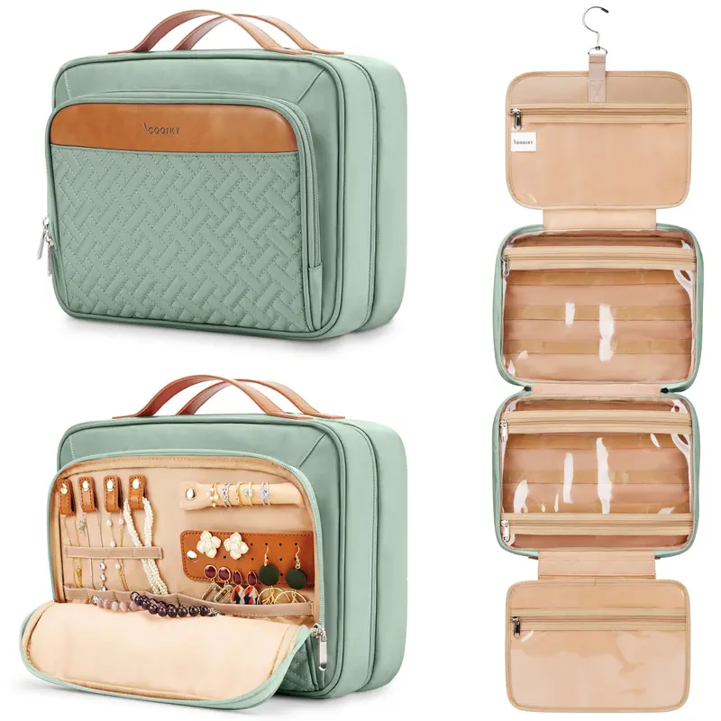 COOSKY Trousse de Toilette Suspendue Voyage pour Femme – Étanche, Organisateur Bijoux, Sangle Trolley, Verte