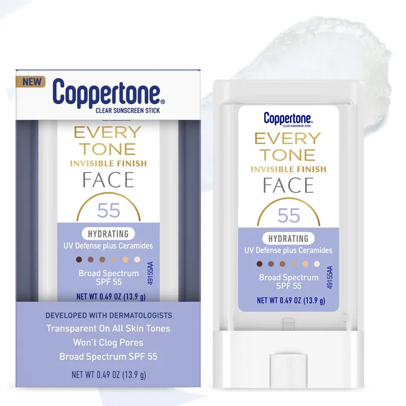 Coppertone Every Tone Invisible Finish — Stick Solaire Visage SPF 55, Hydratant avec Céramides, Fini Transparent