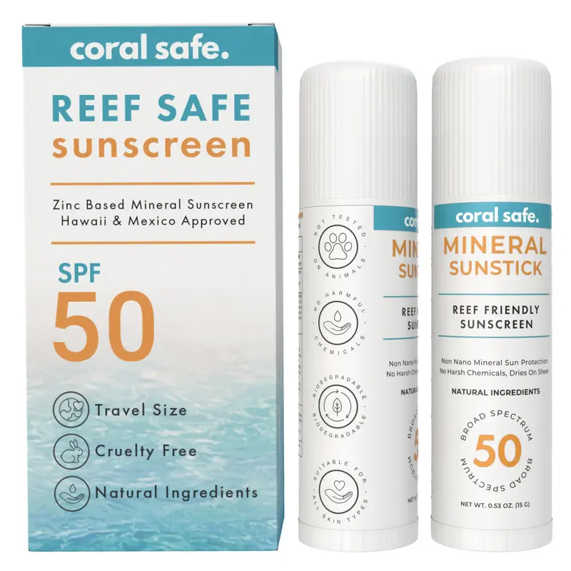 Coral Safe Reef Safe Stick Solaire Minéral SPF 50 – Pack 2, Approuvé Hawaii & Mexique, Biodégradable, Zinc & Vitamine E, Sans oxybenzone et octinoxate, Résistant à l'eau, Fabriqué aux États‑Unis