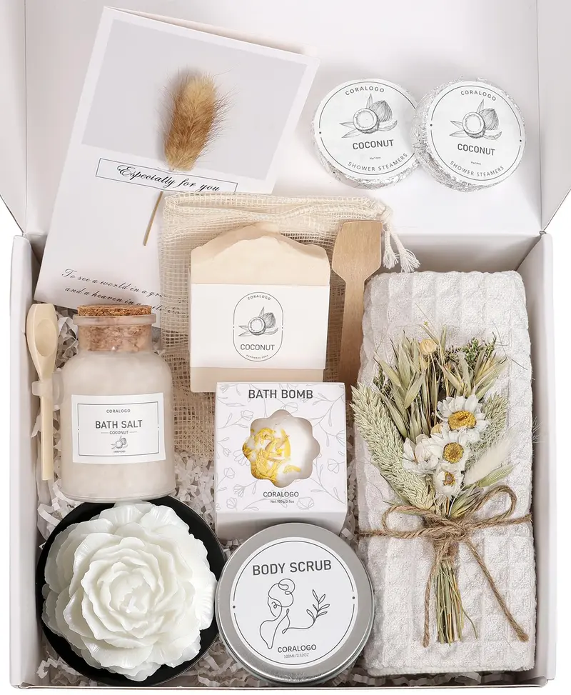 Coralogo Coffret Spa Coco pour femmes – 12 pièces, Sels de Bain et Savon Coco – Cadeau Bien-être