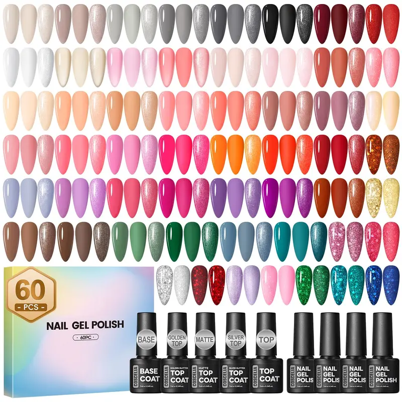 COSCELIA – Coffret Vernis Gel 60 pièces, 55 couleurs + 5 couches Base/Finish, Manucure Gel Toutes Saisons