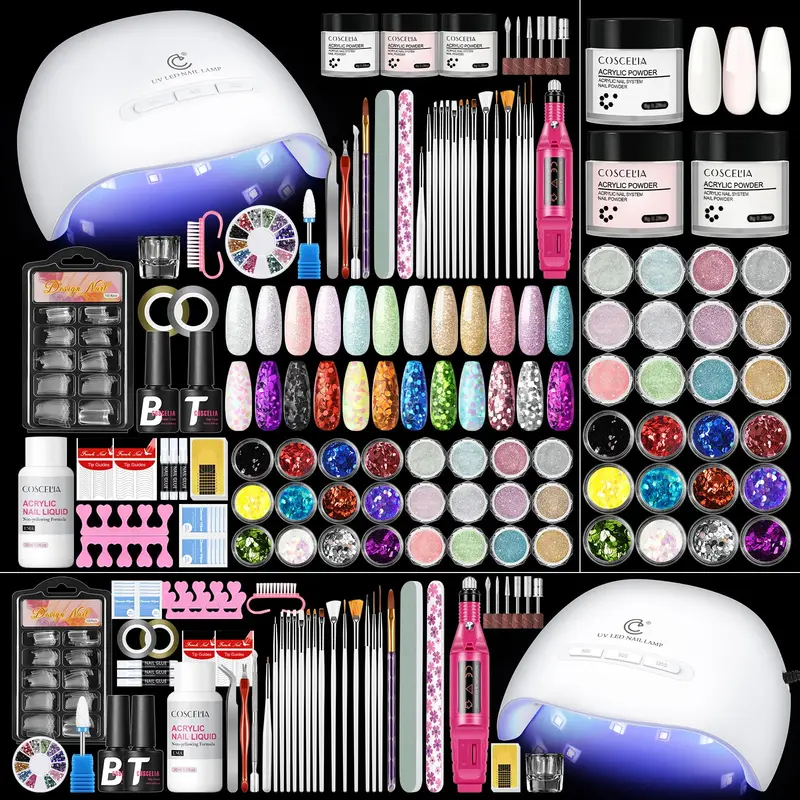 COSCELIA Kit Acrylique Débutants 58 Pièces – Poudres Transparentes, Rose et Blanc, Lampe UV et Foret à Ongles