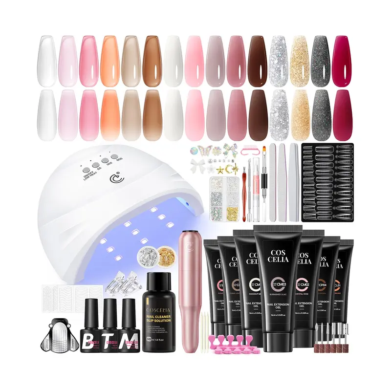 COSCELIA Kit Gel Ongles Poly 50 pièces – Lampe UV, Drill et 15 Couleurs pour Débutants