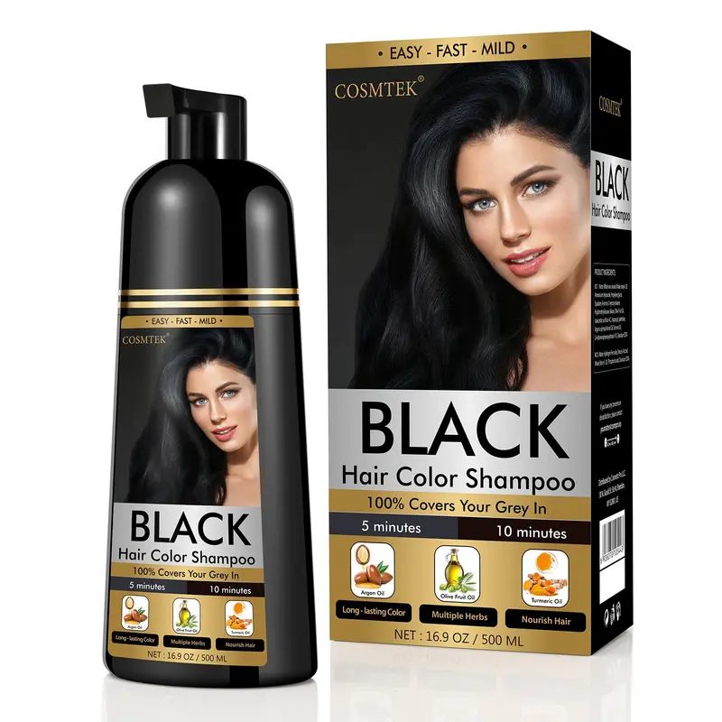 COSMTEK Shampoing Coloration Noire Permanente 3-en-1 – Gris, Barbe, Sans Ammoniac, 500 ml