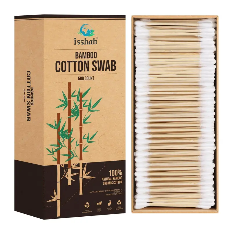 Coton-tiges en bambou Isshah – Lot de 500, certifié FSC et approuvé PETA, double pointe éco-responsable, sans plastique, coton biologique 100% biodégradable