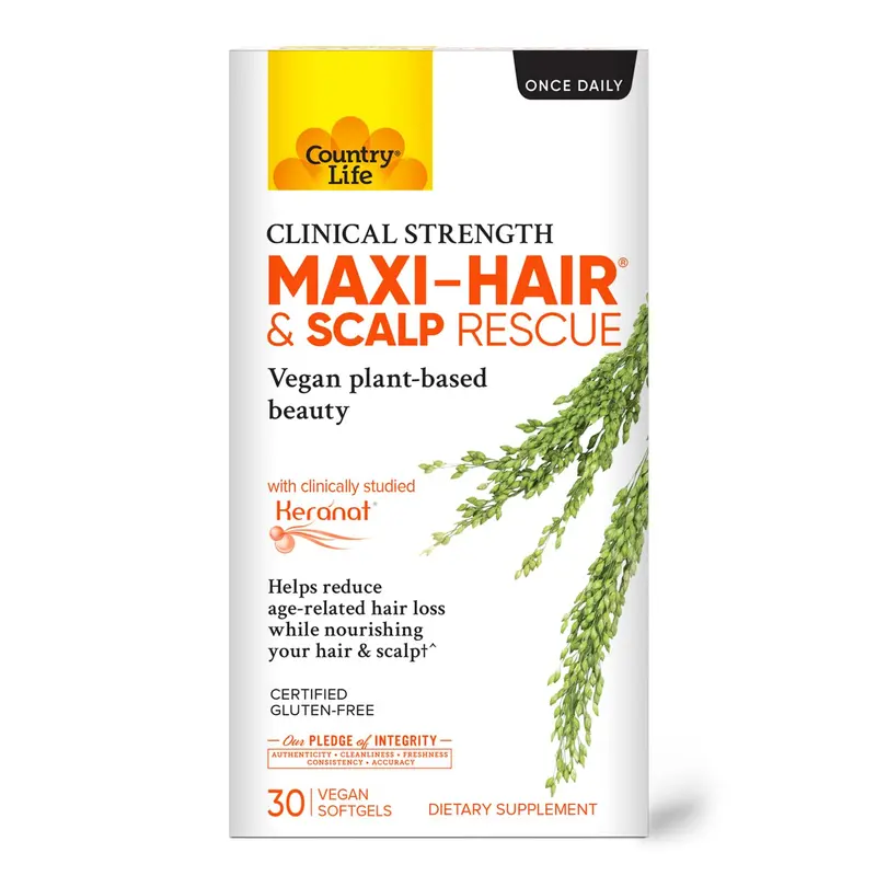 Country Life Maxi-Hair & Scalp Rescue – Keranat végétal, sans gluten, 30 gélules