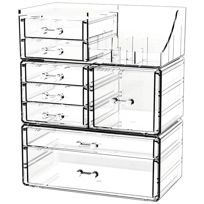 cq acrylic – Organisateur transparent à tiroirs empilables pour maquillage (9 tiroirs, 8 compartiments au sommet)