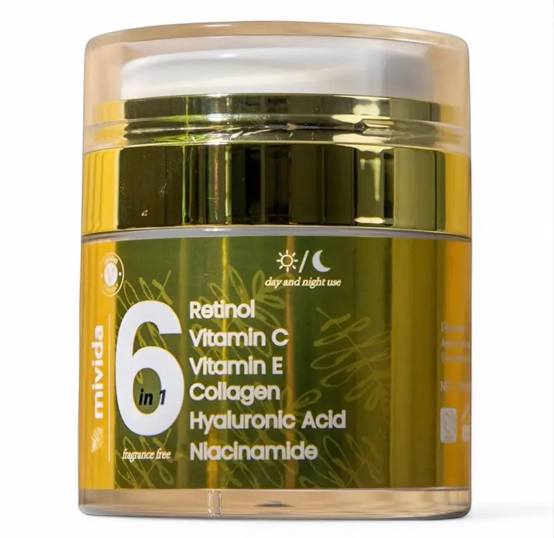 Crème avancée au rétinol de mivida pour le visage et le cou | Hydratant anti‑âge 6‑en‑1 avec collagène, acide hyaluronique, vitamine C et E | 50 ml