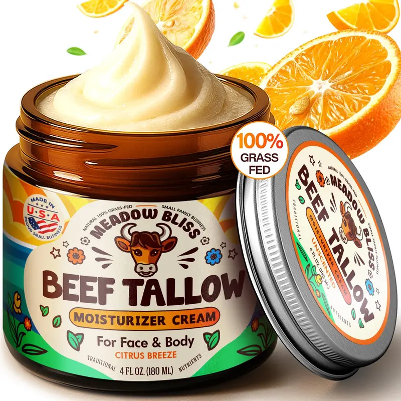 Crème hydratante au suif de bœuf fouetté — Meadow Bliss, 100% nourri à l’herbe, jojoba bio, karité bio, Brise Citronnée, 4 oz