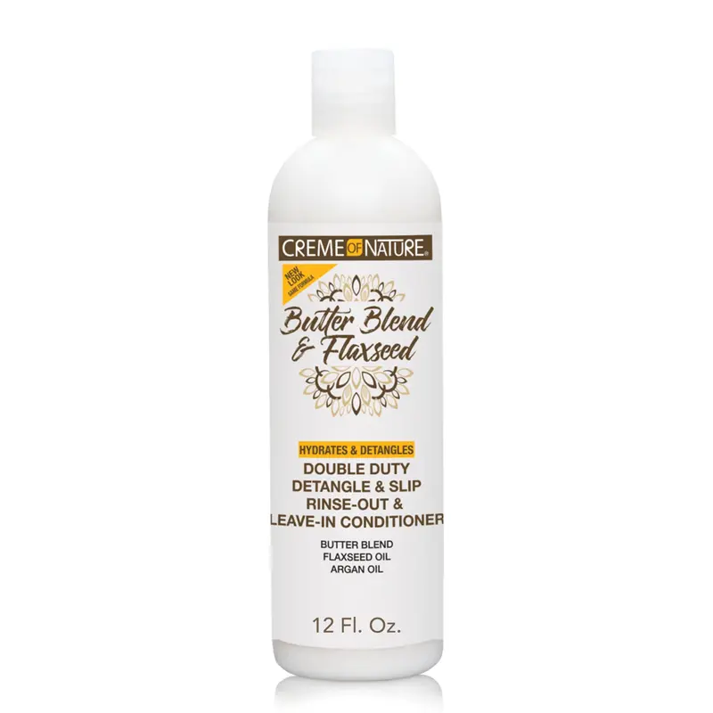 Crème of Nature Démêlage et Rinçage Polyvalents – Soin Sans Rinçage au Beurre, Graines de Lin et Huile d'Argan, 12 oz