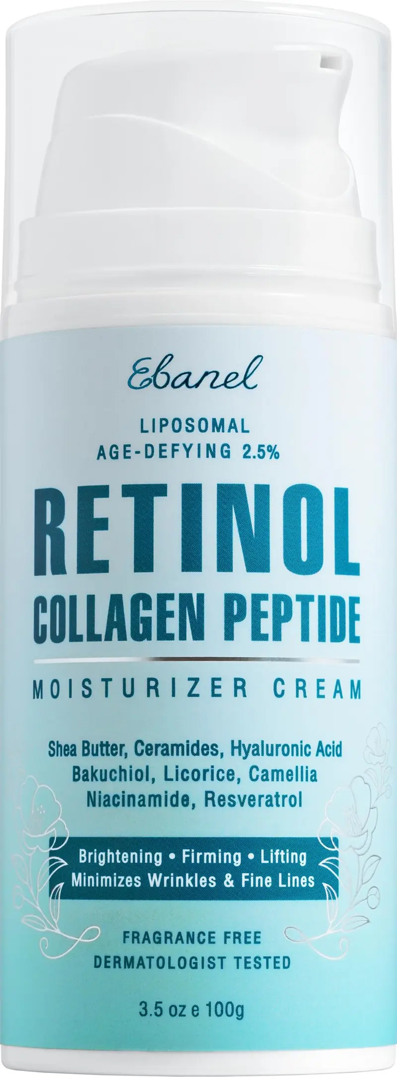 Crème Rétinol Ebanel pour le Visage – 3,5 oz / 105 ml – Hydratante avec Collagène, Peptides, Céramides, Acide Hyaluronique, Vitamine C & B5