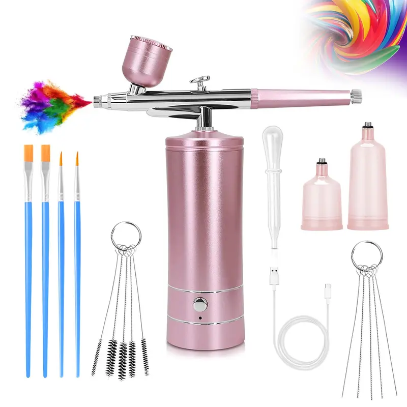Crpen Airbrush Kit – Kit aérospray sans fil avec compresseur Rose (30/35 psi, 0,3 mm, 3 gobelets)