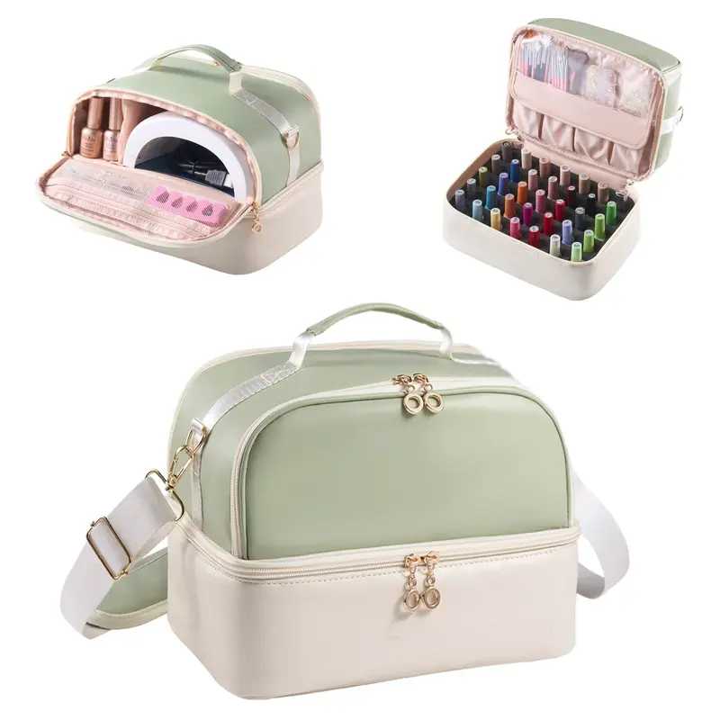 CTWWFS Organiseur Vernis Double-Couche – 35 Bouteilles + Lampe, Sac Vernis Portable (Vert et Beige)