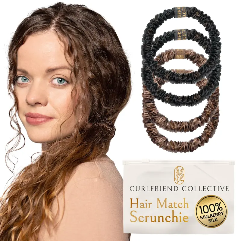 Curlfriend Collective Mulberry Silk Skinny Scrunchies, ensemble de 4 pièces Brunette – Anti-frisottis pour boucles