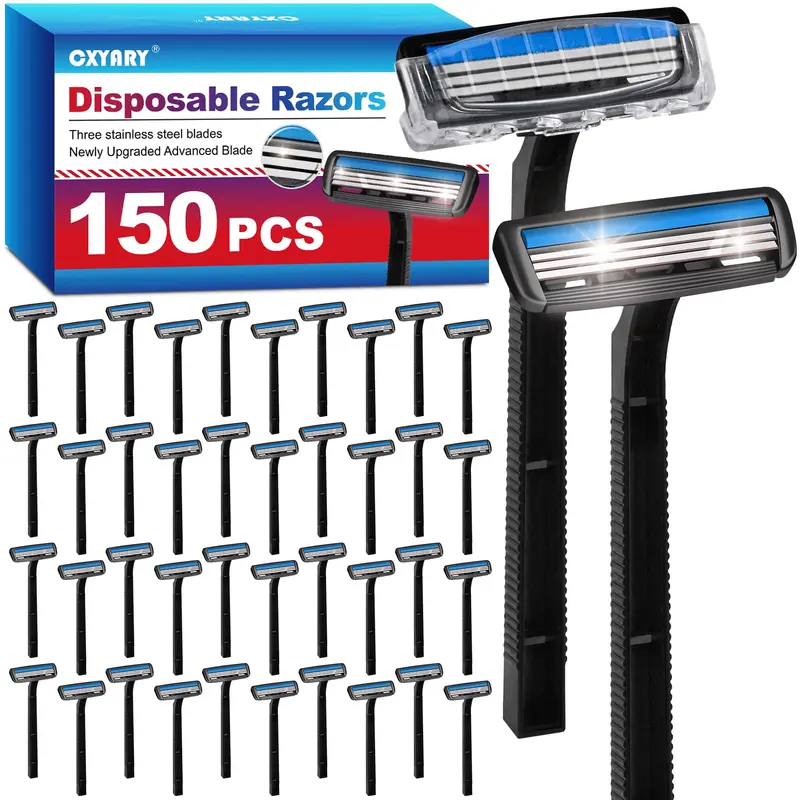 CXYARY Rasoirs Jetables 150 Pièces – 3 Lames, Capuches de Sécurité Transparentes, Universels Homme et Femme