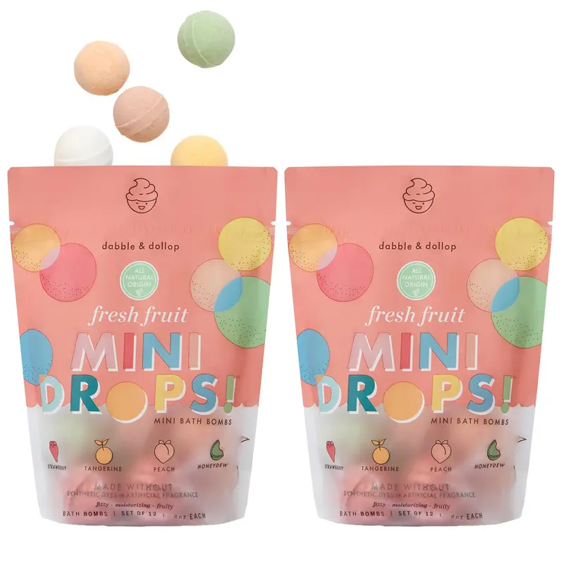 Dabble & Dollop Mini Bombes de Bain – Gouttelettes Naturelles pour Enfants, Fruits Frais, Ensemble de 24, Vegan, Sans Gluten, Cruelty-Free, Sacs Refermables